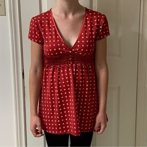 🌷3 for$25🌷TSC, US M, Red Polka Dot Shirred Waist V-Neck Cap Sleeved Top